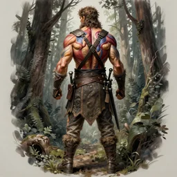 back portrait of a rugged ranger, full body!!!, muscular, hairy, forest, anatomy, D&D, fantasy, intricate, elegant, highly detailed, digital painting, artstation, concept art, matte, sharp focus, illustration, art by Artgerm and Greg Rutkowski and Alphonse Mucha