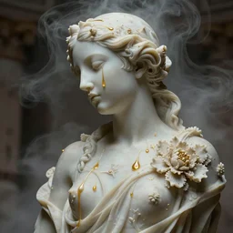 a sculpture of a person with flowing golden tears, fractal flowers on the skin, intricate, a marble sculpture by nicola samori, behance, neo - expressionism, marble sculpture, apocalypse art, made of mist, still frame from the prometheus movie by ridley scott with cinematogrophy of christopher doyle, arri alexa, anamorphic bokeh, 8 k