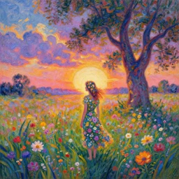 girl made out of flowers, standing in a flower field, big trees, sunrise dramatic light, impressionist painting, colorful clouds, digital painting, pointillism, artstation, simon stalenhag