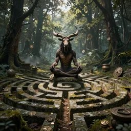 Minotaur in a forest meditating, labyrinthine maze, ancient relics, ruins