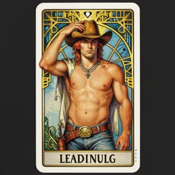 intricate detailed tarot card of a shirtless cowboy, dad bod, homoerotic, art deco, art nouveau, by louis comfort tiffany ( ( ( ( and alphonse mucha ) ) ) ), trending on artstation