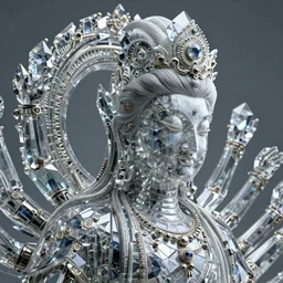 thousand - handed guanyin from chinese mythology, ghost, gorgeous and huge head ornaments, dystopian, cyberpunk, mecha, halfturn portrait of a big crystal face made of crystals half - turn, ominous, intricate, studio, art by anthony macbain + greg rutkowski + alphonse mucha, concept art, 4 k, sharp focus