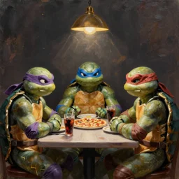 teenage mutant ninja turtles are sitting at the table. da vinci. secret supper. there is a cola on the table. pizza on the table. realistic oil painting on canvas. digital art. rendering