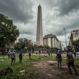panoramica de buenos aires en ruinas, apocaliptico, avenida 9 de julio obelisco, overgrown mold, zombie environment art