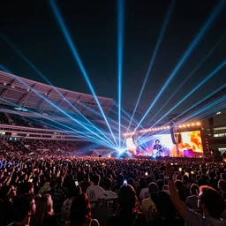 the weeknd concert at at and t stadium in arlington texas with hardcore lasers, sold out crowd, wide angle shot, photorealistic, hdr, octane render. bokeh, hyperrealistic, super detail, volumetric lighting