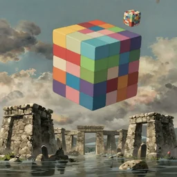 a realistic cell - shaded studio ghibli concept art from paprika ( 2 0 0 6 ) of a flying colored cube from howl's moving castle ( 2 0 0 4 ) is in the sky over a flooded stone henge. very muted dull colors. hd, 4 k, hq