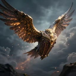 a magic galleon with wings flying in the sky, cataclysm, apocalipsis, epic, fantasy, dramatic lighting