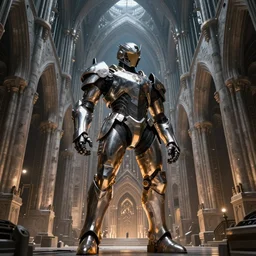 armored cyber knight inside an underground cathedral, futuristic, gothic, sci-fi, brutalism, hyperdetailed, Cinematic, Wide Angle, Kinemacolor, Massive, Artstation, 8k