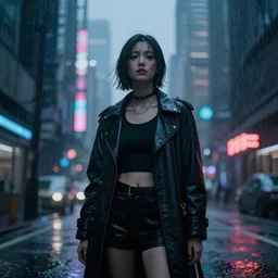 girl standing, cyberpunk city, rainy, digital art