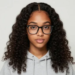a very beautiful girl with dark complexion, long, curly hair, stylistic oval black eyes, half - frame square glasses, grey hoodie opened, white t - shirt, white gloves, denim jeans, character art, cute, digital art, jaidenanimations, cartoon network, cel shaded - n 6