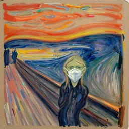 oil, tempera, pastel and crayon on cardboard, by edvard munch in the style of the scream, sacred figure wearing ffp 2 masks