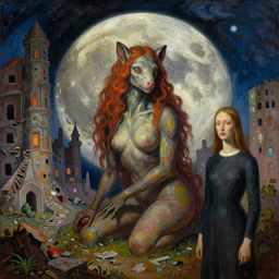 bright dramatic lighting colorful surrealist oil painting titled'now we will all be sisters of the fossil blood of the moon ', magical realism symbolist, ruined city with hybrid animal protagonist, highly detailed, painted by grant wood and rene magritte, shocking detail trending on artstation 8 k