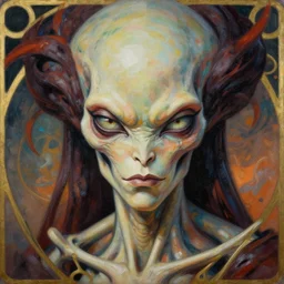 dynamic and explosive alien queen body portrait, glowering judging eyes, art nouveau declotage, perfect symmetrical facial features, hyperrrealistic bone structure, extremely hyperdetailed, mixed media painting, unreal engine, 8 k, octane, 8 mm, by travis charest, rodney matthews, olivia de bernardinis