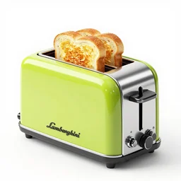 a lamborghini brand toaster with bright colors, toasted bread going into slots, aggressive angular design, bold lamborghini style, glowing heating coils, professional studio product shot