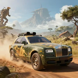 a militarised car designed by rolls royce driving through madagascar, artgerm and wolp, an epic fantasy, volumetric light, detailed, an epic fantasy, trending on art station, octane render, horizon zero dawn