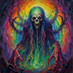 Colorful, creepy painting of the horrible terrifying eldritch monstrosity hiding within the rainbow color palette by Craig Mullins