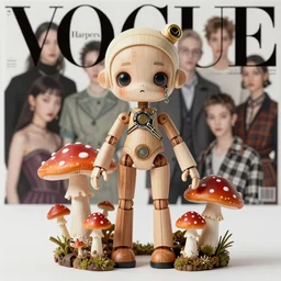 a beautiful jointed wooden art doll, super dollfie, biopunk, mushrooms, fungi, fly agaric, by tim walker, by chie yoshii, by martine johanna, by simon stalenhag, by casey weldon, fashion magazine, vogue, harper's bazaar art, intricate, 8 k render in octane, sharp focus