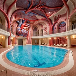 indoor swimming pool in a victorian banquet hall. walls are arteries and heart tissue. arc viz, unreal engine. realism, photograph.