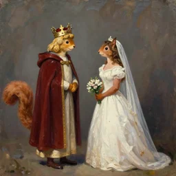 king arthur wearing a crown from arthurian legend getting married to a lady human - sized anthropomorphic feminine squirrel, simple oil painting