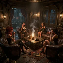women in the interior of a steampunk apartment, by Greg Rutkowski, 3d scene, render, ultra realistic, ray tracing, night time, volumetric light, smoking cigarettes, artstation, cgsociety, level design, unreal engine, 3d scene, zenith view