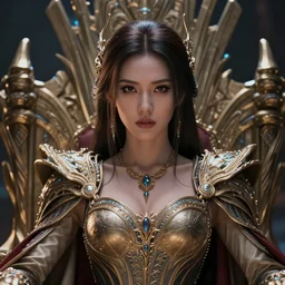 closeup portrait of a strong fierce beautiful young asian queen with medium length hair, sitting on her throne, ruler of the universe in the future year 3 0 0 0, highly detailed, intricate, elegant, hyperrealism, digital art by ross tran and artgerm and greg rutkwowski and wlop, 8 k hd, octane render