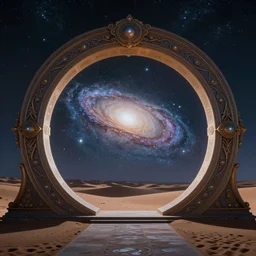 a circular portal leading to another galaxy in the middle of the desert at night, cinematic shot, ornate, epic, high definition, 8 k, midjourney, artstation