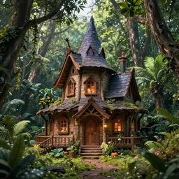 of a beautiful Hyperrealistic witches cabin in the middle of the jungle, macro lens, highly detailed, digital painting, trending artstation, concept art, illustration, cinematic lighting, vibrant colors, photorealism, epic, octane render