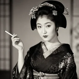 tonemapped photo of a high class geisha with a cigarette holder