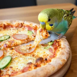 a parakeet eating pizza, photo