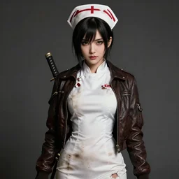 portrait of a beautiful! alluring anime woman wearing a 1 8 8 0's stained dirty torn japanese nurse uniform, gorgeous! face!, leather bomber jacket, katana scabbard, realistic, hyper detailed, concept art, in style of pan ren wei, greg rutkowski, ilya kuvshinov, greg tocchini, james gilleard, joe fenton, kaethe butcher, chiaroscuro, anime aesthetic