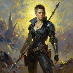 Cyberpunk warrior with a javelin amidst a wasteland, a painting by John Singer Sargent