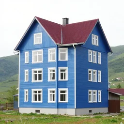 tall 4 story house with blue wooden facade with dark red bricks on the roof in a valley