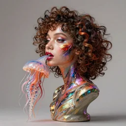 flume and former cover art future bass girl un wrapped statue bust curls of hair petite lush side view body photography model full body curly jellyfish lips art contrast vibrant futuristic fabric skin jellyfish material metal veins style of Jonathan Zawada, Thisset colours simple background objective