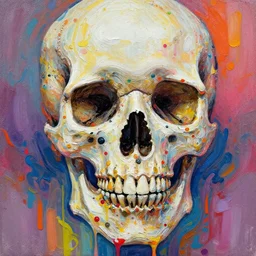 intricate skull with dots of paint melting in to a colorful painting made of gouache impasto