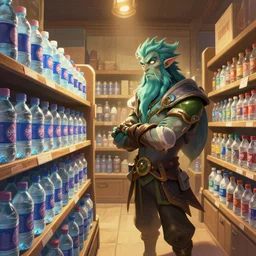 an imp in a store contemplating which brand of water to buy while shopping, digital painting, illustration, high quality, fantasy, wooden interior, league of legends