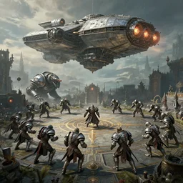 highly detailed elden ring portrait photo of a gigantic chrome plated flat battle arena where armored monstrosities compete against each other in scenic dystopian environment. a massive mothership spaceship lifts off in the background, starting engines nitro jet drive, hyperrealistic illustration by william didier - pouget