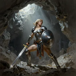 frank frazetta female warrior holding sword and sheild in grand cave, full body profile camera shot, ultra realistic, epic lighting from above
