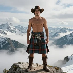 a homoerotic portrait by greg rutkowski and albert bierstadt of a handsome buff beautiful shirtless desi mountaineer on a mountain peak | he is wearing a revealing tartan kilt, cowboy hat, and leather boots | background is snowy mountains and clouds | detailed face, dramatic, ethereal, dreamlike | trending on artstation
