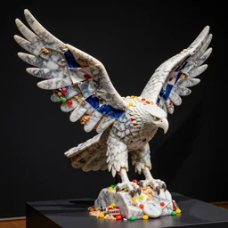 pieces of a ripped flag!!!, marble, saw dust and haribo candy molten and carefully restructured into a beautiful!!!, abstract!!!!!!! sculpture of a hawk, museum display, black backdrop, high contrast, award winning photo, dslr, high quality