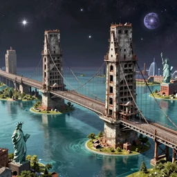 a beautiful detailed rendering of architecture bridge abandoned unfinished building industrial architecture urbex by jacob van ruisdael, vaporwave retrowave architecture island water nature liberty city cosmic, archdaily, wallpaper, highly detailed, trending on artstation.