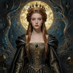 beautiful young medieval queen by amano, iris van herpen, jean delville, james jean, visionary, symbolist