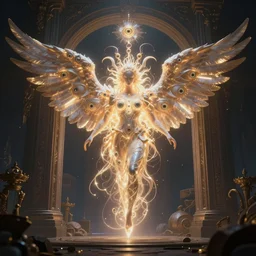A glowing intricate interdimensional angel with multiple eyes and wings coming from a portal