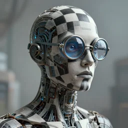 checkered humanoid the style of emiliano ponzi, by chris ware, futuristic 1 9 9 0 s contemporary art, sci - fi, eye glass, inside view, humanoid pov, intricate artwork by beeple, octane render, trending on artstation, depth field, unreal engine, cinematic, hyper realism, high detail, octane cinema 4 d render, a 2 4 cinematography, 8 k