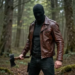 a hitman named cobalt wearing a brown leather jacket and wielding a hatchet in the woods. art by tomasz alen kopera.