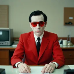 portrait front view of a man in a red suit sitting at a desk, red lenses sunglasses, pale skin, black hair, creepy atmosphere, background 1970s office, photograph by Wes Anderson