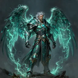 hexblade warlock aasimar, teal electricity, male, Massive angel wings, silver shaggy hair, short scruffy beard, cloak, Ivan Aivakovsky, Boris Vallejo, epic fantasy character art, D&D Concept Art, full length, Realistic, Regal, Refined, Detailed Digital Art, Oil Paining, Exquisite detail, post-processing, masterpiece, Cinematic Lighting, Unreal Engine, 8k, HD