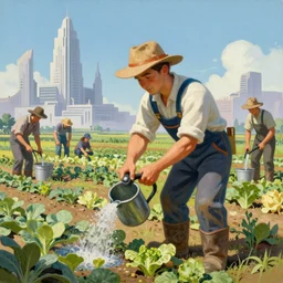 a mixed media closeup portrait painting of a gardener in overalls watering a field of vegetable crops, minimalist, a ruined futuristic art deco city sits in the distance, by frank frazetta, greg rutkowski, beeple, yoko taro, christian macnevin, beeple, wlop and krenz cushart, epic fantasy character art, volumetric outdoor lighting, midday, high fantasy, cgsociety, cheerful colours, full length, exquisite detail, post - processing, masterpiece, cinematic