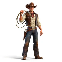 noble cowboy with lasso, detailed 3d character render, full body, standing, isolated on a pure white background, centered, whole figure in frame, sharp focus, studio lighting
