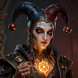 an oil art close up portrait of young roma mage with hex magic in style of disco elysium character, gipsy jester character design from ravenloft, 4 k, ultra detail, volumetric lighting, unreal engine, octane render