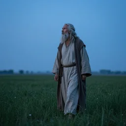 old prophet wandering about a meadow, blue hour